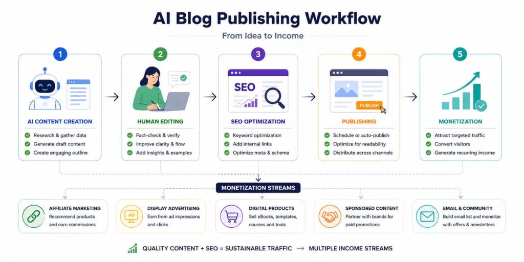 Modern autoblog workflow using AI content creation, editing, SEO optimization, and automated publishing